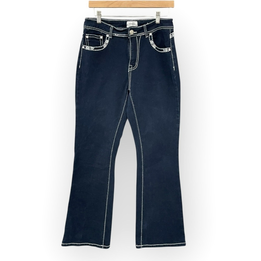 Y2K Womens Embroidered‎ Rhinestone Bootcut Jeans Size 15x30 Dark Wash Western